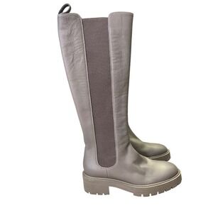 Aquazzura Knee High Boots Leather Chelsea Lug Sole Taupe Womens Size 37